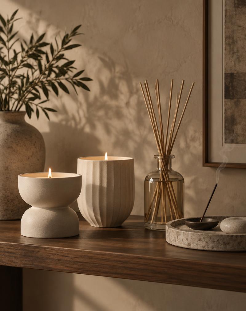 Sculptural candles, a reed diffuser and incense on a wood console