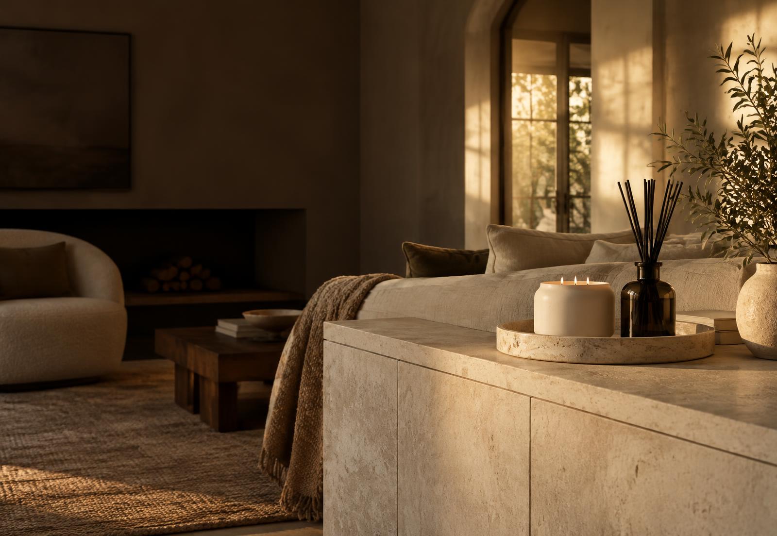 A warm residential living room styled with a candle and reed diffuser
